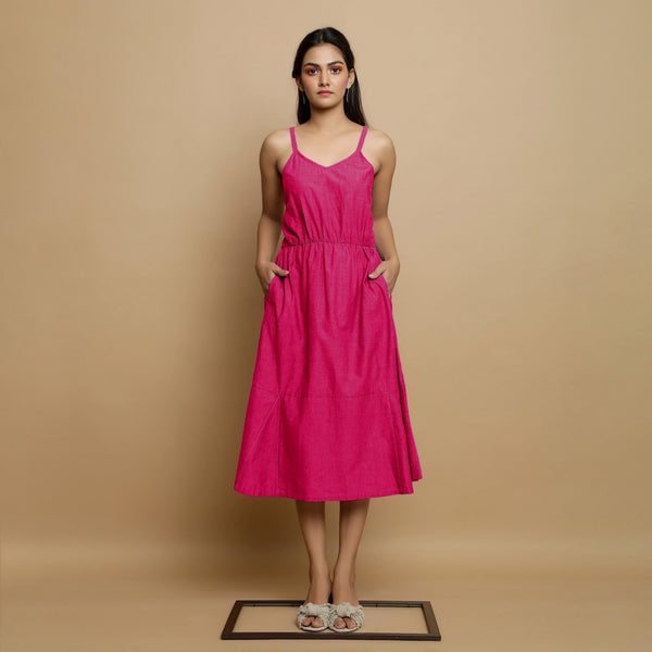 Pink Cotton Poplin Elasticated Midi Cami Dress