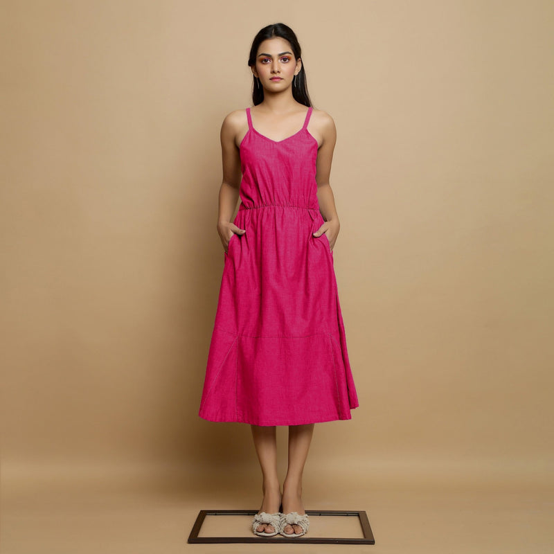 Pink Cotton Poplin Elasticated Midi Cami Dress