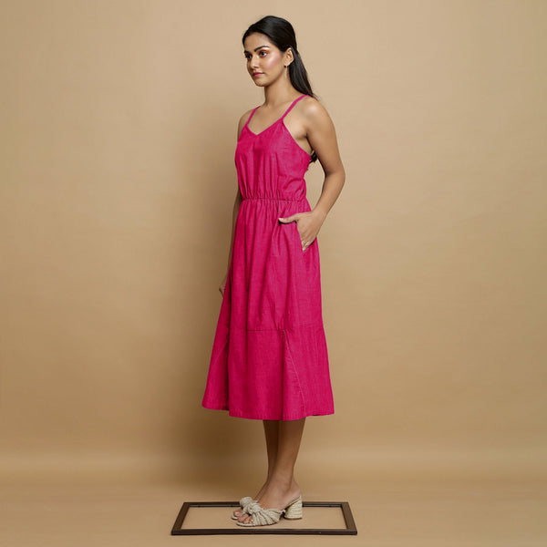 Pink Cotton Poplin Elasticated Midi Cami Dress