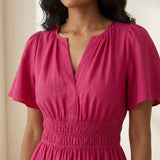 Pink Cotton Poplin Elasticated Short Tier Dress