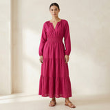 Pink Cotton Poplin Fit and Flare Maxi Tier Dress