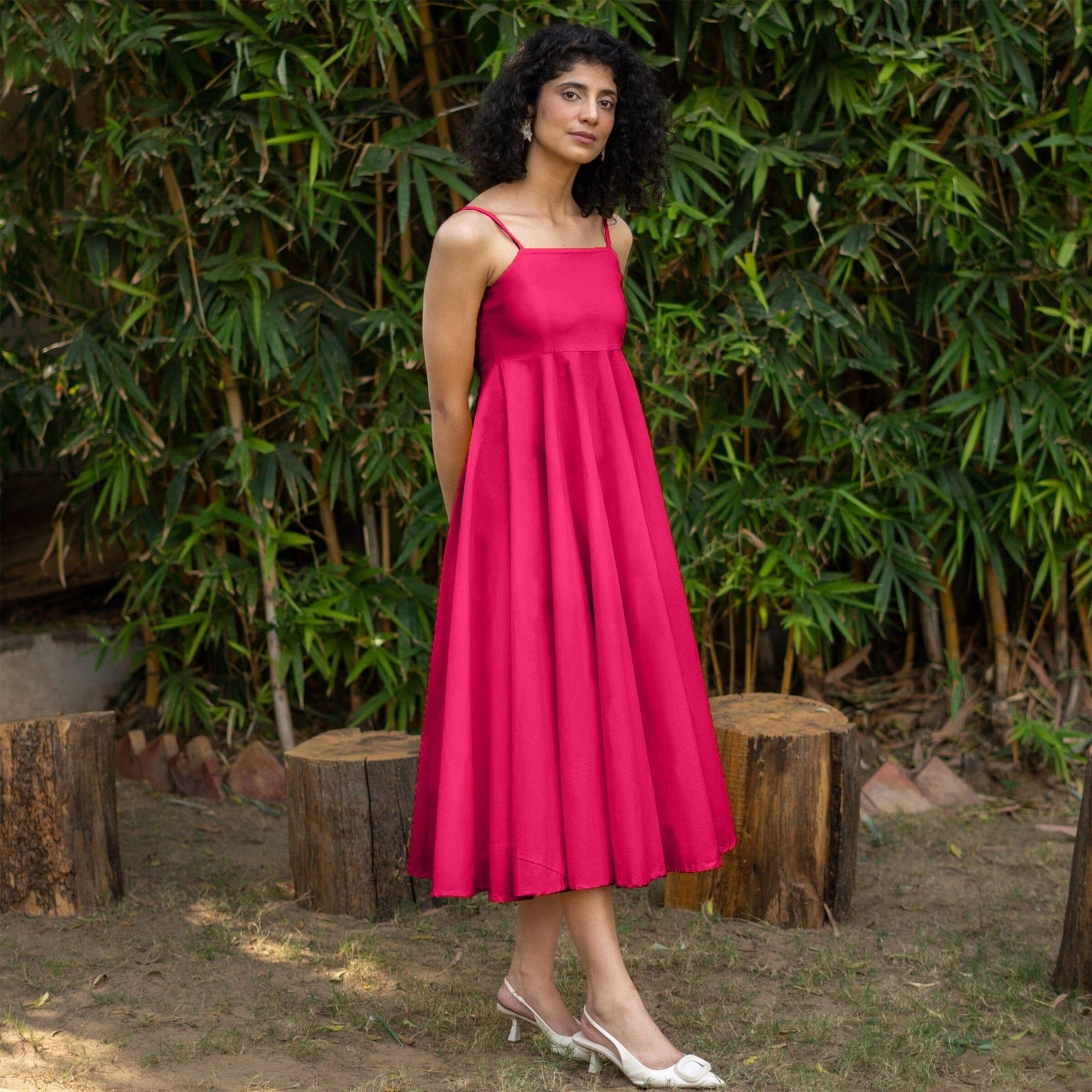 Pink Cotton Poplin Fit and Flare Midi Empire Dress 46