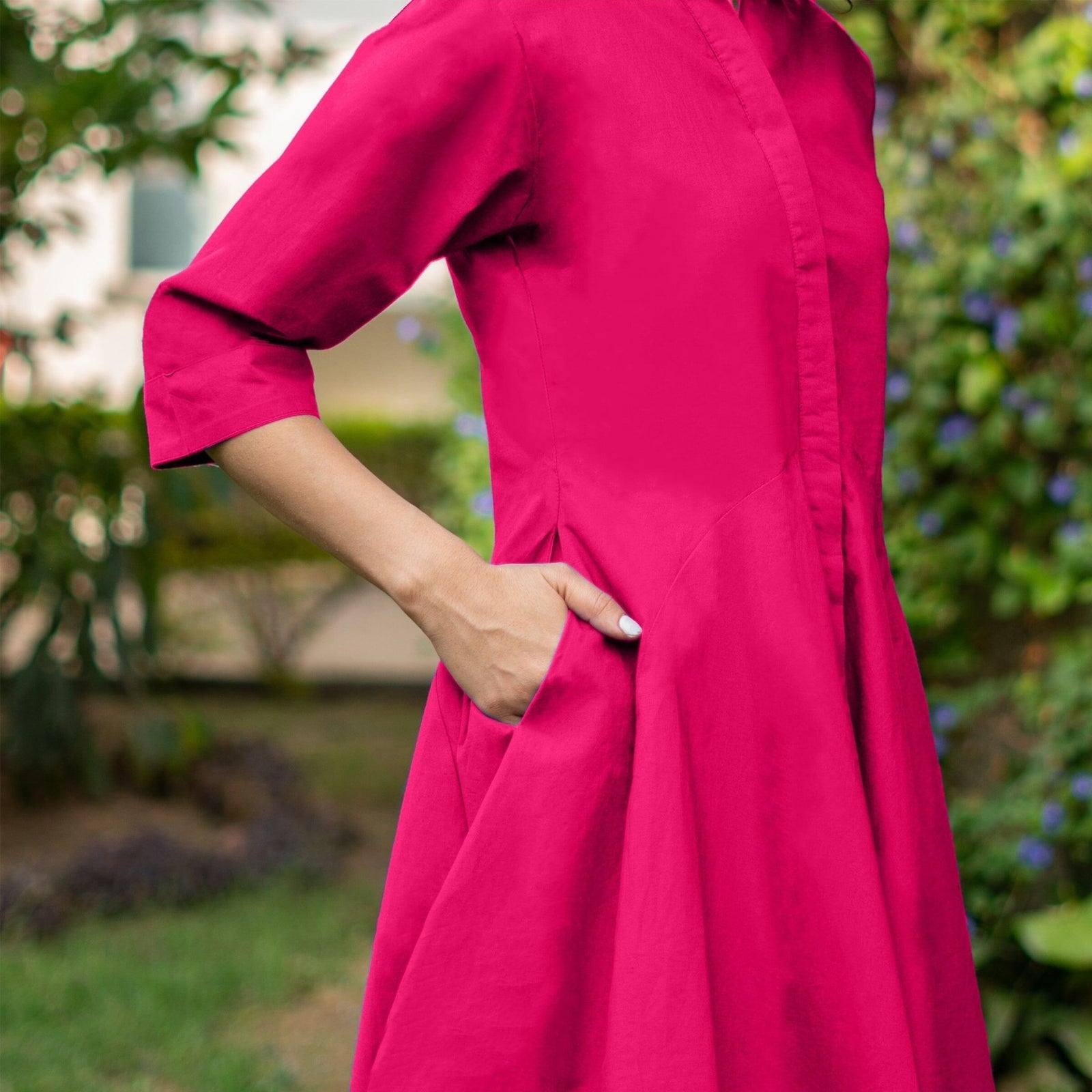 Buy Pink Cotton Poplin Fit and Flare Short Button Down Shirt Dress Online at SeamsFriendly