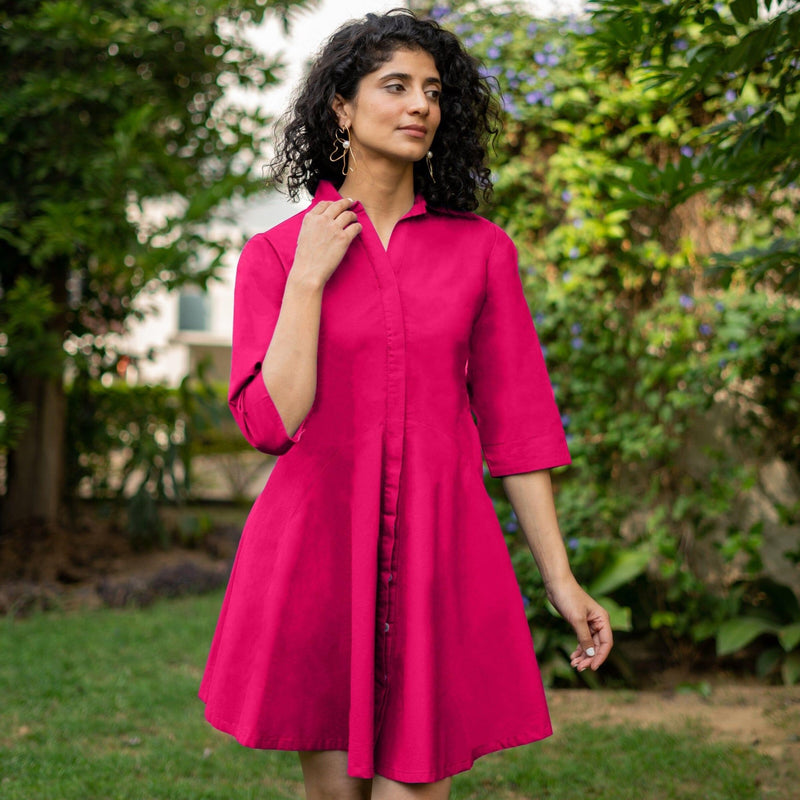 Pink Cotton Poplin Fit and Flare Short Button-Down Shirt Dress