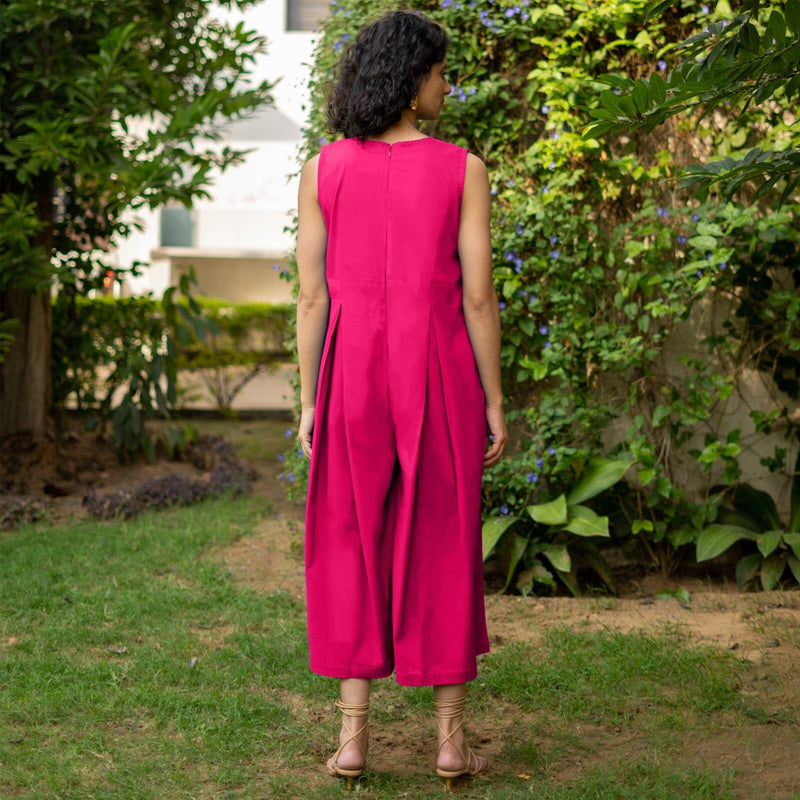 Pink Cotton Poplin Flared Midi Sleeveless Jumpsuit