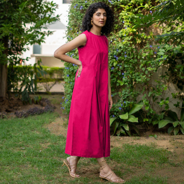 Pink Cotton Poplin Flared Midi Sleeveless Jumpsuit