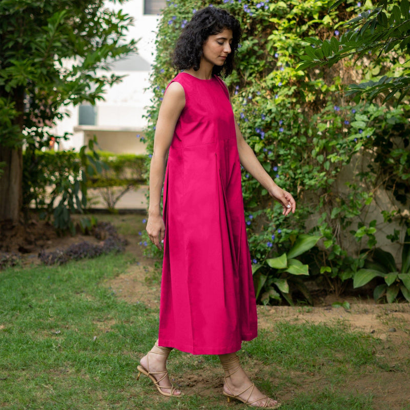 Pink Cotton Poplin Flared Midi Sleeveless Jumpsuit