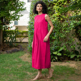 Pink Cotton Poplin Flared Midi Sleeveless Jumpsuit