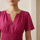 Pink Cotton Poplin Flutter Sleeve Tie-Back Tiered Midi Dress