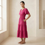 Pink Cotton Poplin Flutter Sleeve Tie-Back Tiered Midi Dress