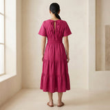 Pink Cotton Poplin Flutter Sleeve Tie-Back Tiered Midi Dress