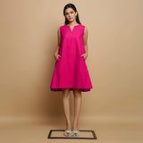 Pink Cotton Poplin Hand Embroidered Knee-Length Godet Dress