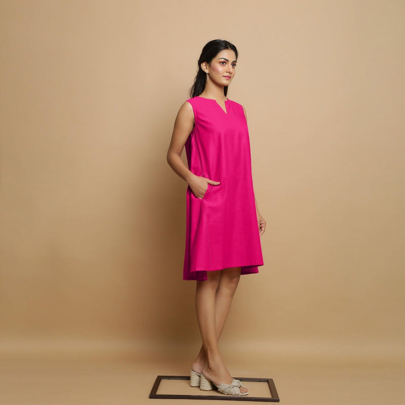 Pink Cotton Poplin Hand Embroidered Knee-Length Godet Dress