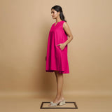 Pink Cotton Poplin Hand Embroidered Knee-Length Godet Dress