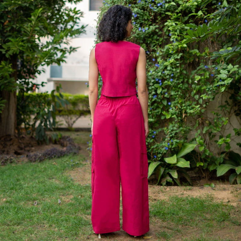 Pink Cotton Poplin High-Rise Elasticated Wide Legged Cargo Pant