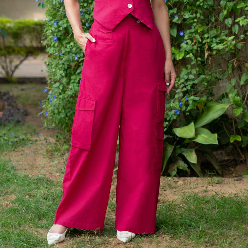 Pink Cotton Poplin High-Rise Elasticated Wide Legged Cargo Pant