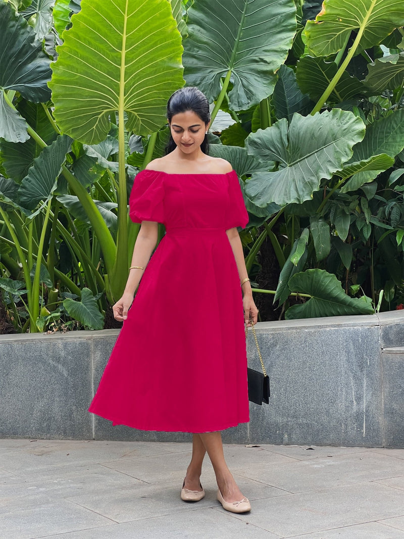 Pink Cotton Poplin Midi Off-Shoulder Dress Custom Size (Free) / Custom Height (Free) Pink Cotton Poplin Midi Off-Shoulder Dress Custom Size (Free) / Custom Height (Free)