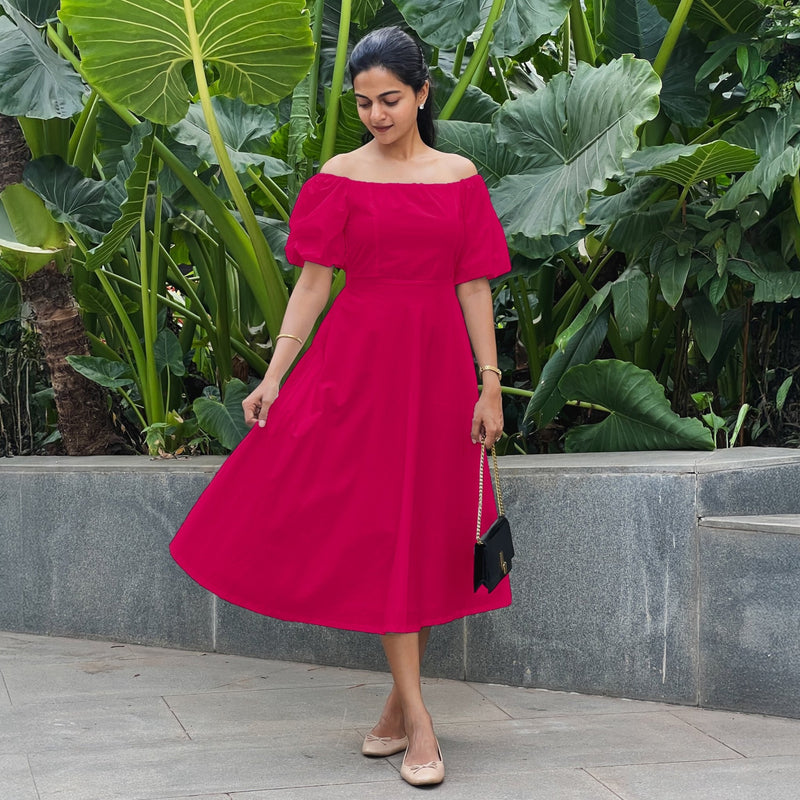 Buy Pink Cotton Poplin Midi Off-Shoulder Dress Online at SeamsFriendly Buy Pink Cotton Poplin Midi Off-Shoulder Dress Online at SeamsFriendly