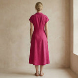 Pink Cotton Poplin Paneled A-Line Midi Dress