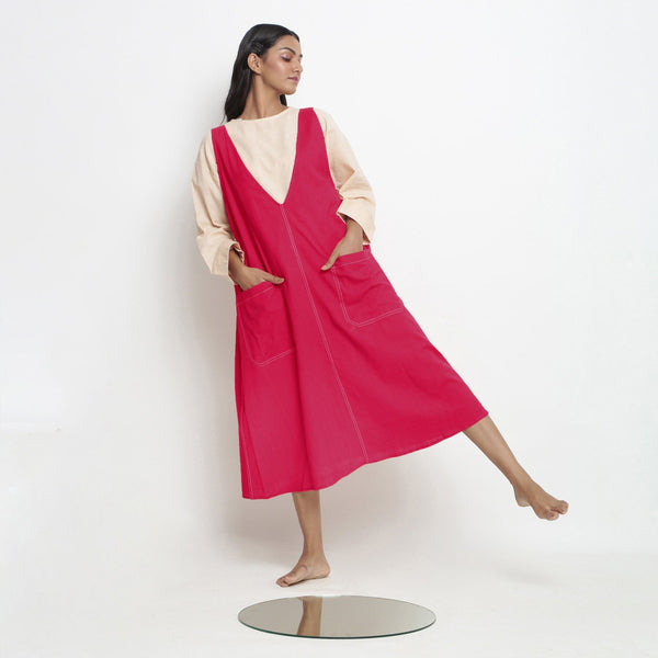 Pink Cotton Poplin Paneled Midi Shift Dress