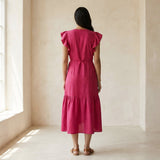 Pink Cotton Poplin Ruffle Midi Wrap Dress