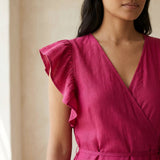Pink Cotton Poplin Ruffle Midi Wrap Dress