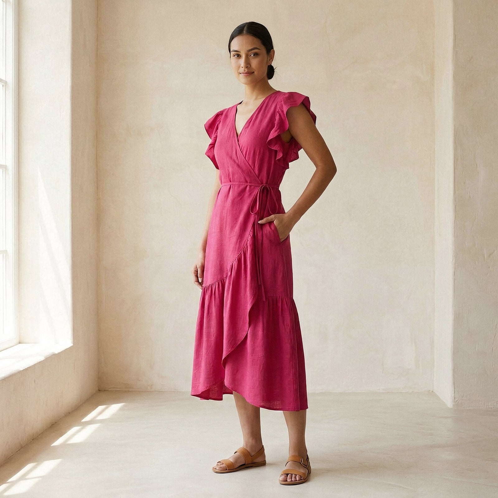 pink poplin dress Cotton Cutout Drop Waist Smocked Back Maxi With Pockets The design brilliantly combines the softness and stretch of your favourite jersey t Dolce & Gabbana Pink Smocked