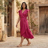 Pink Cotton Poplin Ruffle Midi Wrap Dress