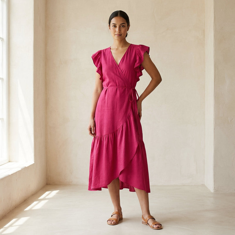 Pink Cotton Poplin Ruffle Midi Wrap Dress Pink Cotton Poplin Ruffle Midi Wrap Dress