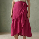 Pink Cotton Poplin Ruffle Midi Wrap Skirt