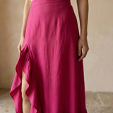 Pink Cotton Poplin Ruffle-Slit A-Line Maxi Skirt