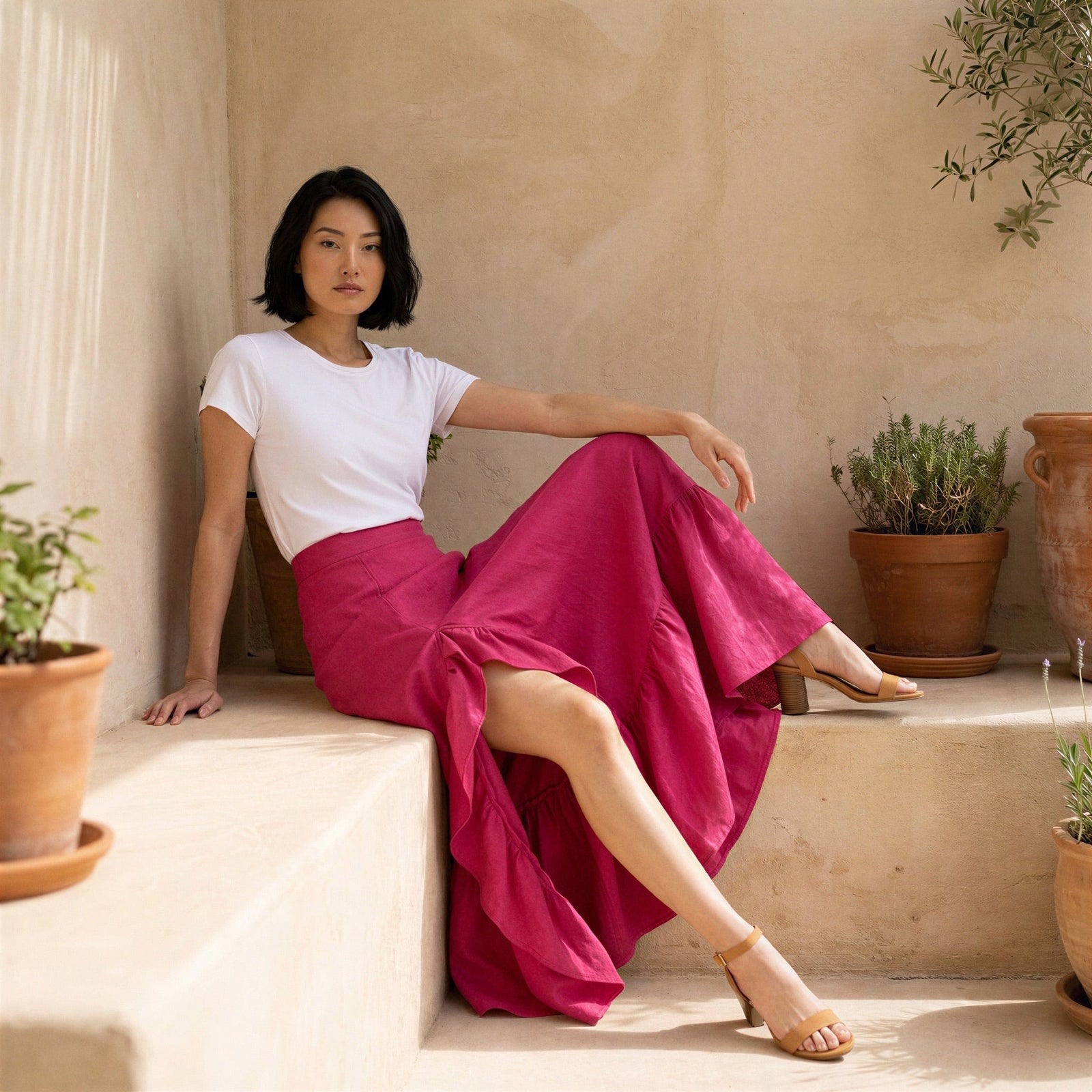 Pink Cotton Poplin Ruffle-Slit A-Line Maxi Skirt 37