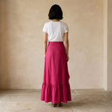 Pink Cotton Poplin Ruffle-Slit A-Line Maxi Skirt