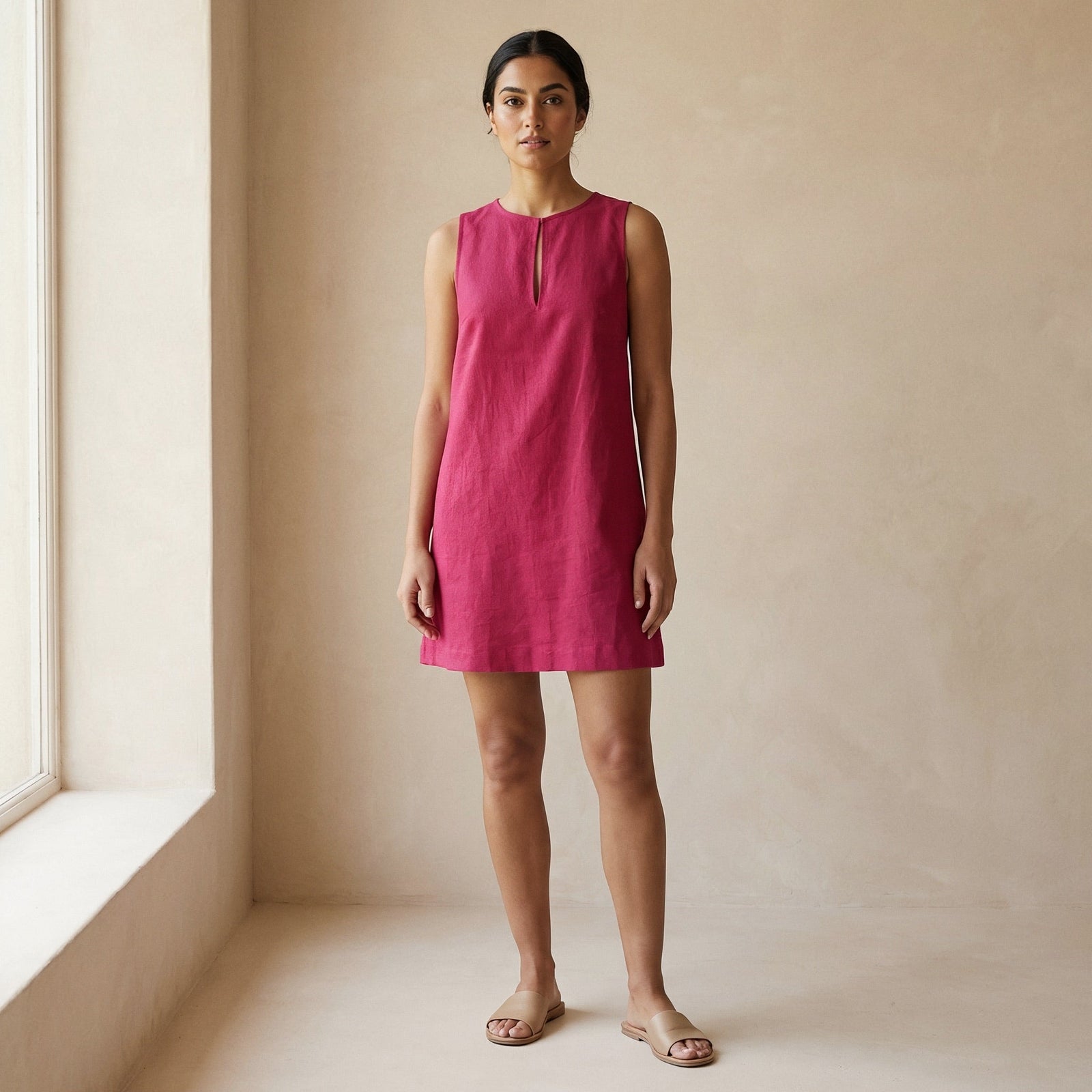 Pink Cotton Poplin Sleeveless A-Line Short Shift Dress 36
