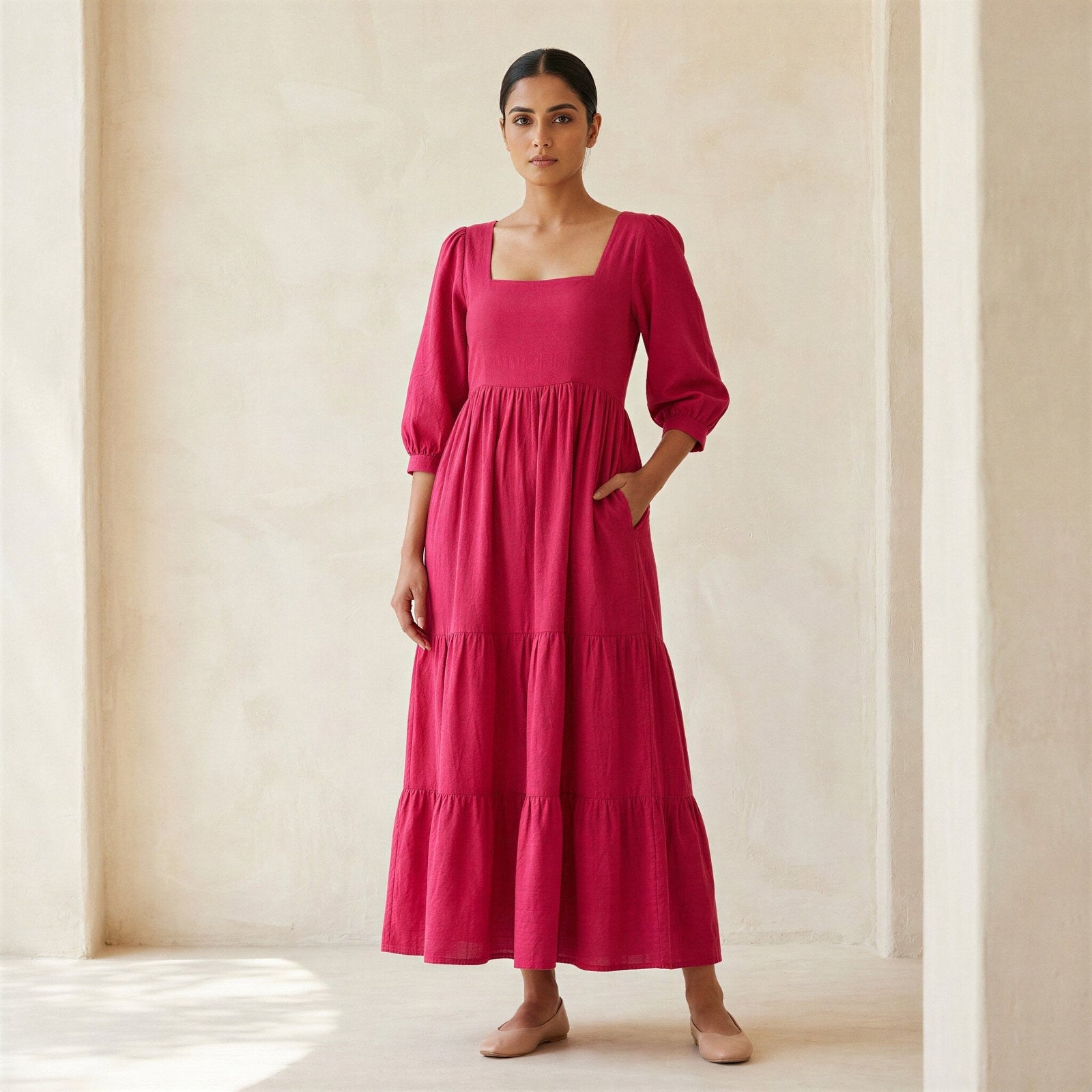 tiered poplin midi dress Floral Lane Tiered Poplin Midi Dress