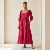 Pink Cotton Poplin Square Neck Tiered Midi Dress