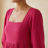 Pink Cotton Poplin Square Neck Tiered Midi Dress