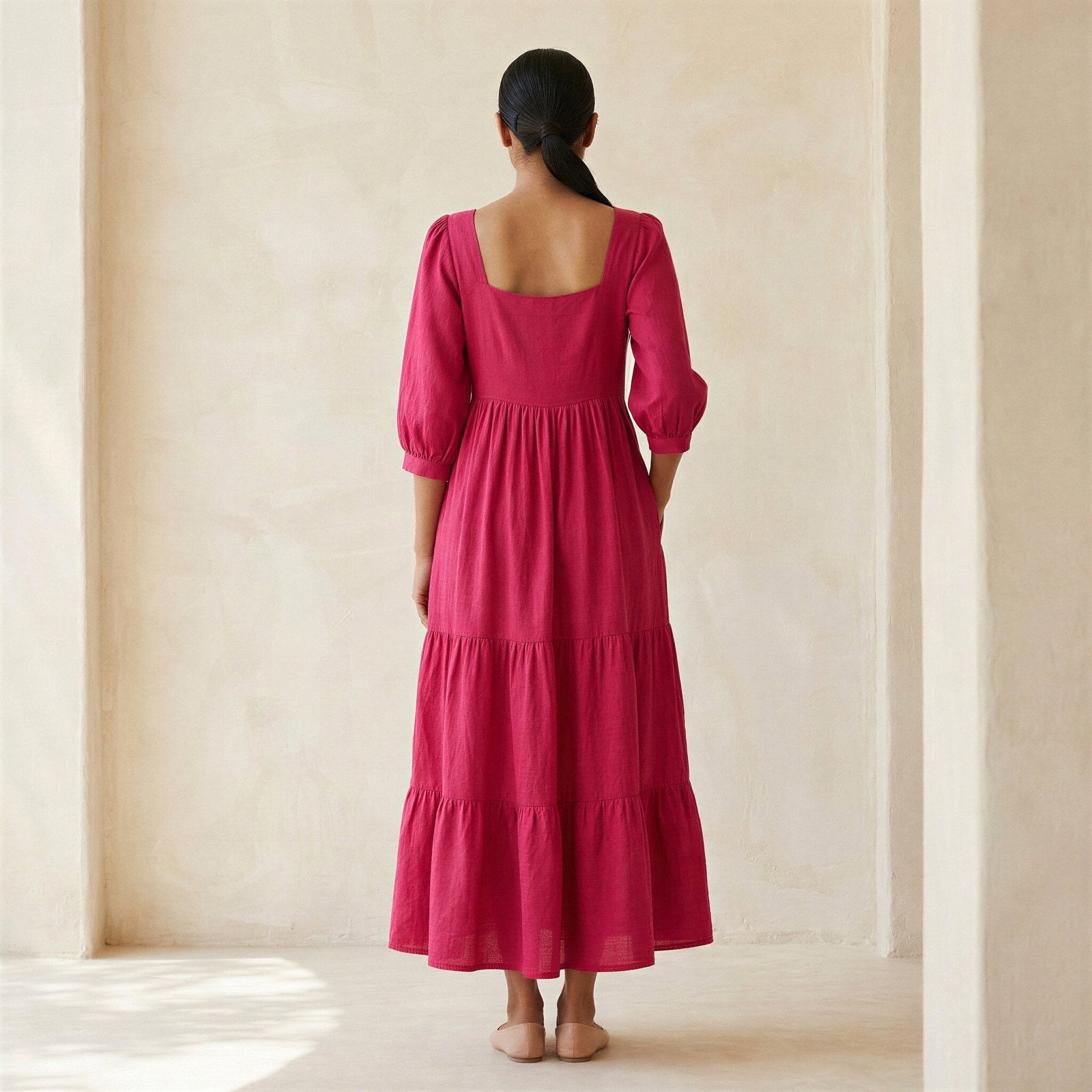 tiered dress cotton Pink Poplin Square Neck Midi 56