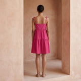 Pink Cotton Poplin Tie-Strap Tiered Short Sundress