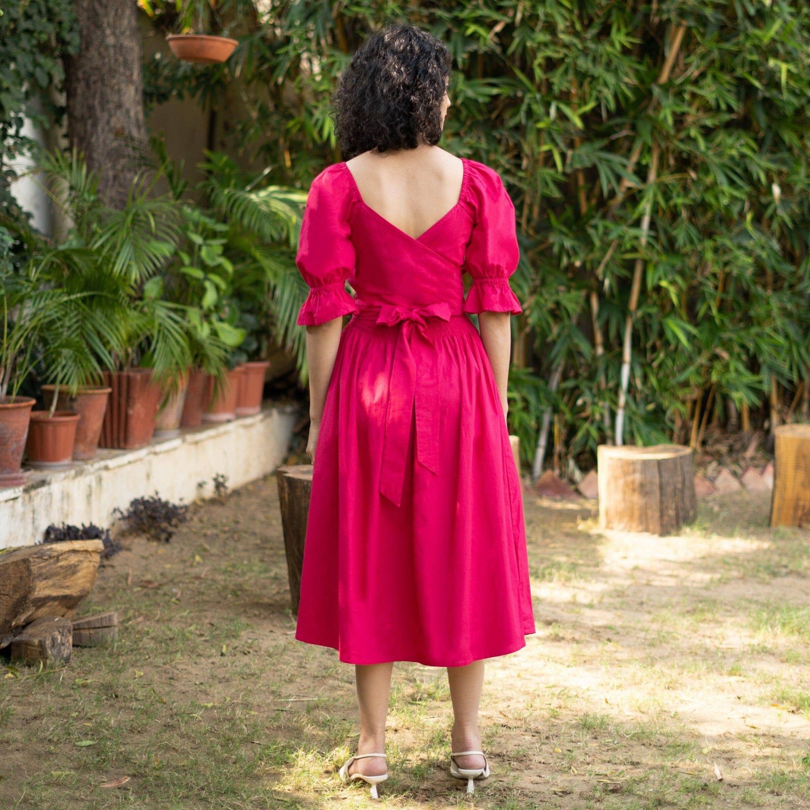 Pink Cotton Poplin V-Neck Gathered Midi Wrap Dress 32" / Custom Height (Free) Pink Cotton Poplin V-Neck Gathered Midi Wrap Dress 32" / Custom Height (Free)