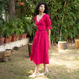 Pink Cotton Poplin V-Neck Gathered Midi Wrap Dress