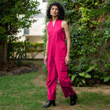 Pink Cotton Poplin V-Neck Sleeveless Cargo Jumpsuit