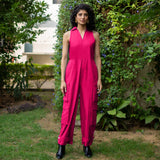 Pink Cotton Poplin V-Neck Sleeveless Cargo Jumpsuit