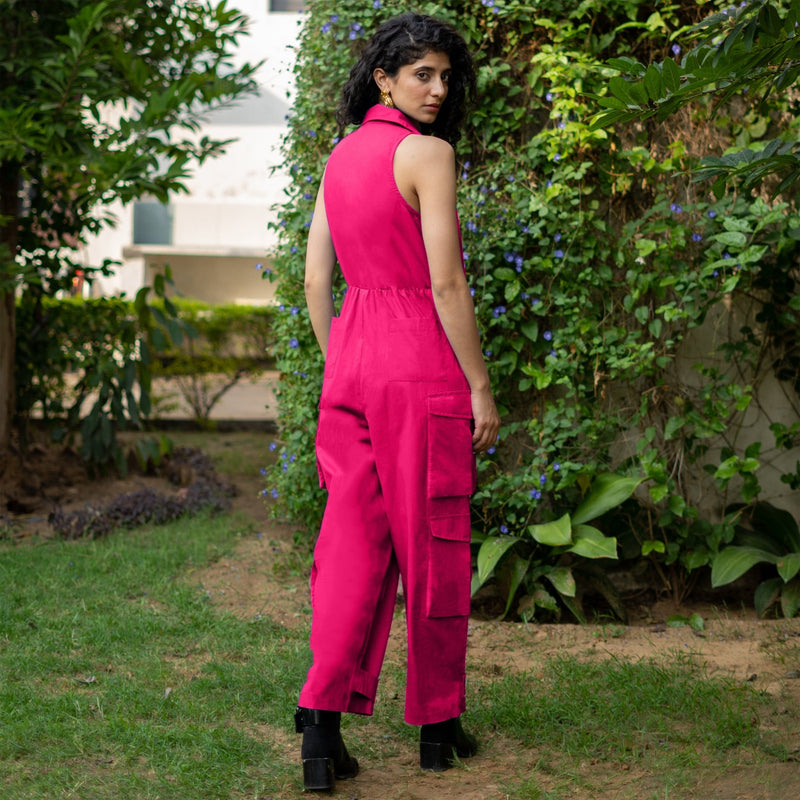 Pink Cotton Poplin V-Neck Sleeveless Cargo Jumpsuit