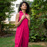 Pink Cotton Poplin V-Neck Sleeveless Cargo Jumpsuit