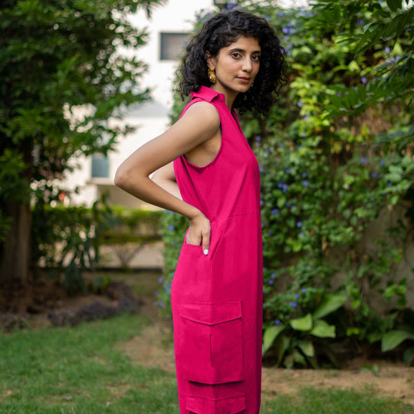 Pink Cotton Poplin V-Neck Sleeveless Cargo Jumpsuit