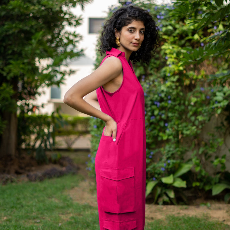Pink Cotton Poplin V-Neck Sleeveless Cargo Jumpsuit