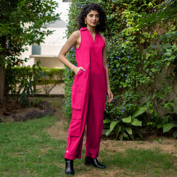 Pink Cotton Poplin V-Neck Sleeveless Cargo Jumpsuit