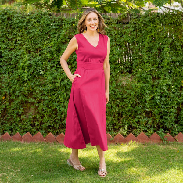 Pink Cotton V-Neck Sleeveless Maxi Dress