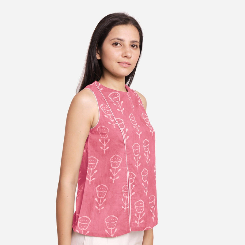 Right View of a Model wearing Pink Dabu Block Print Cotton Asymmetrical Slit Top